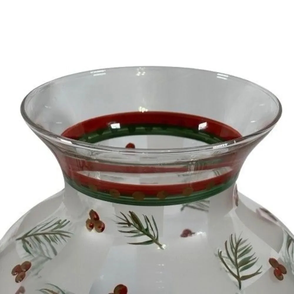 LG Glass Holly Berry & Pinecones Vase Hand Painted VTG Winter Holiday Christmas